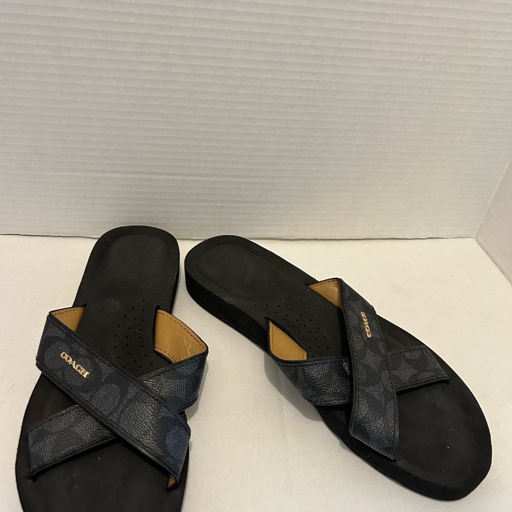 Coach Women's Black & Brown Signature Cross-Strap Slide Sandals - Picture 8 of 9